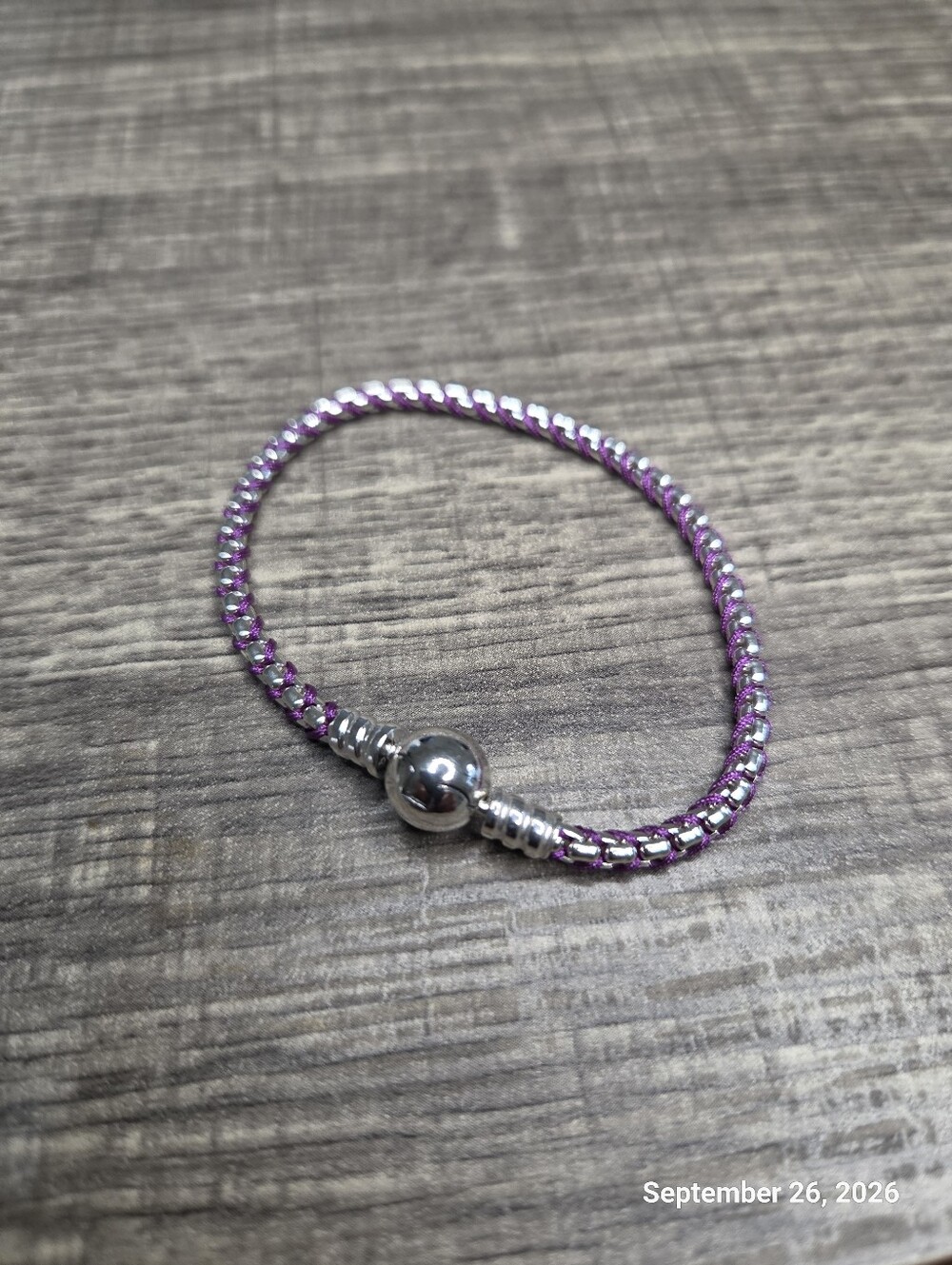 Authentic Pandora Purple Cord Box Chain Bracelet Sterling Silver